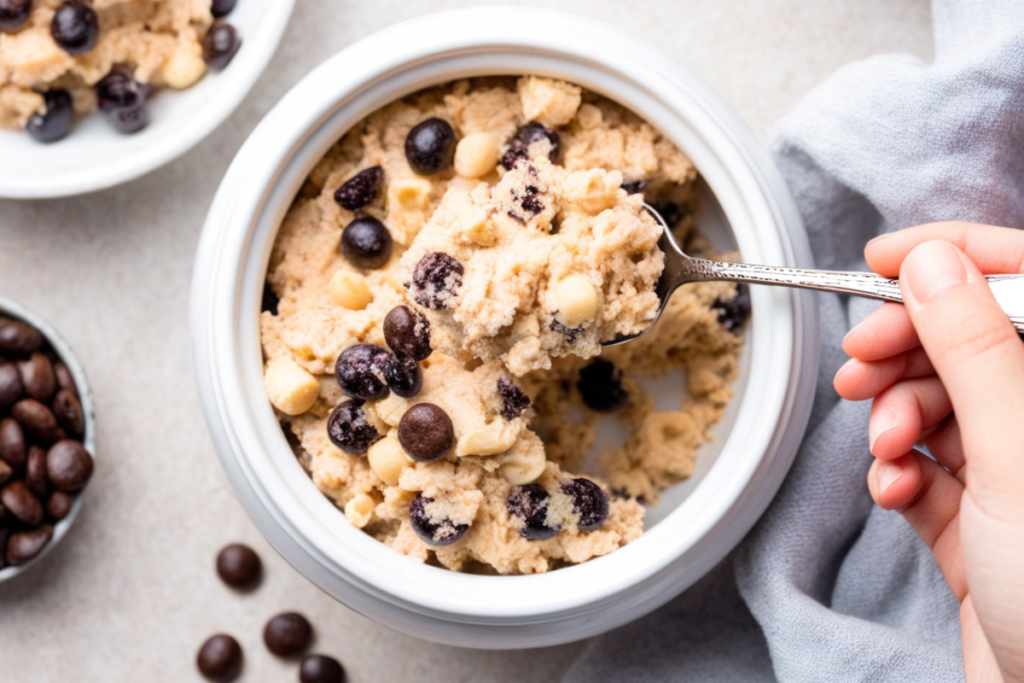 Bowl of cottage cheese cookie dough topped with chocolate chips