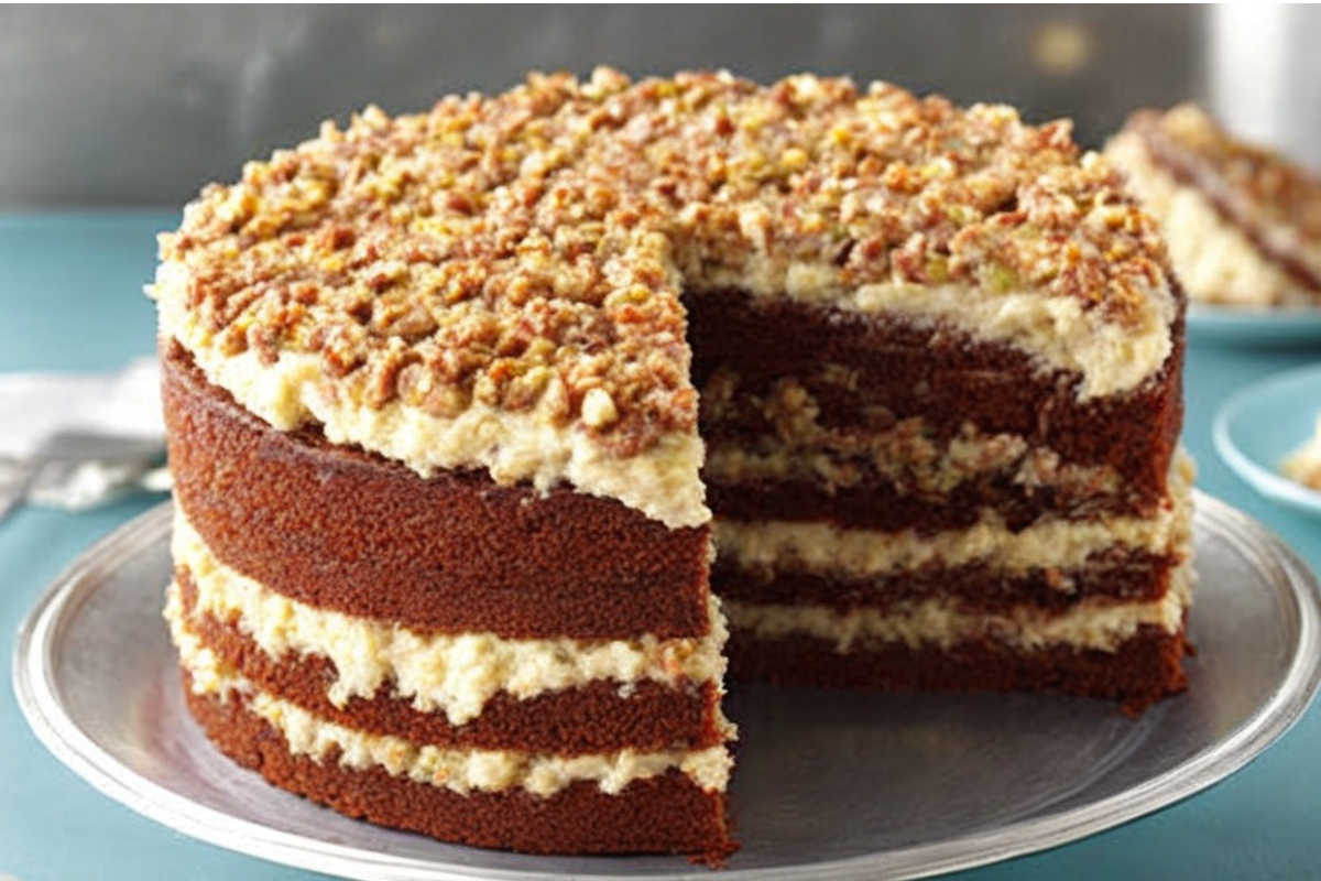 Homemade Baker's German Chocolate Cake topped with rich coconut-pecan frosting.