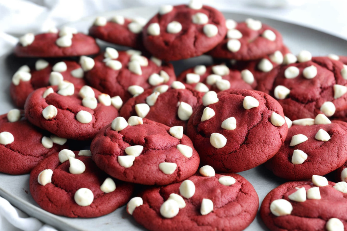 Freshly baked red velvet cake mix cookies with white chocolate chips cooling on a wire rack.