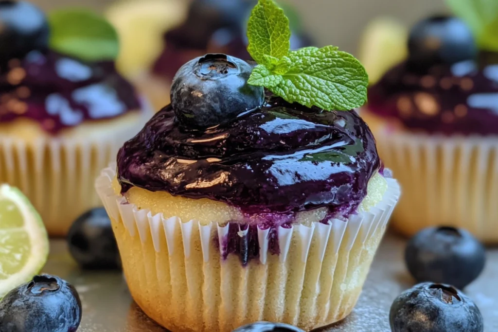 Blueberry Lime Cheesecake Cupcakes with lime zest and fresh blueberries on top.