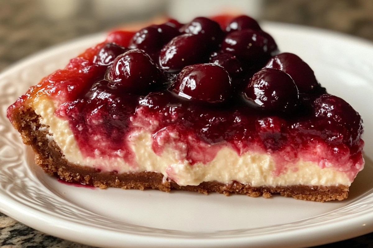 A slice of Cherry Cheesecake Delight topped with sweet cherries on a graham cracker crust.