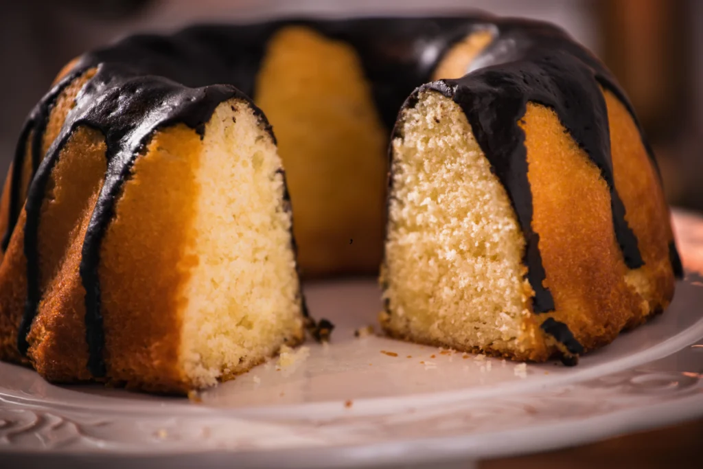 Chocolate buttermilk Bundt cake topped with smooth chocolate ganache