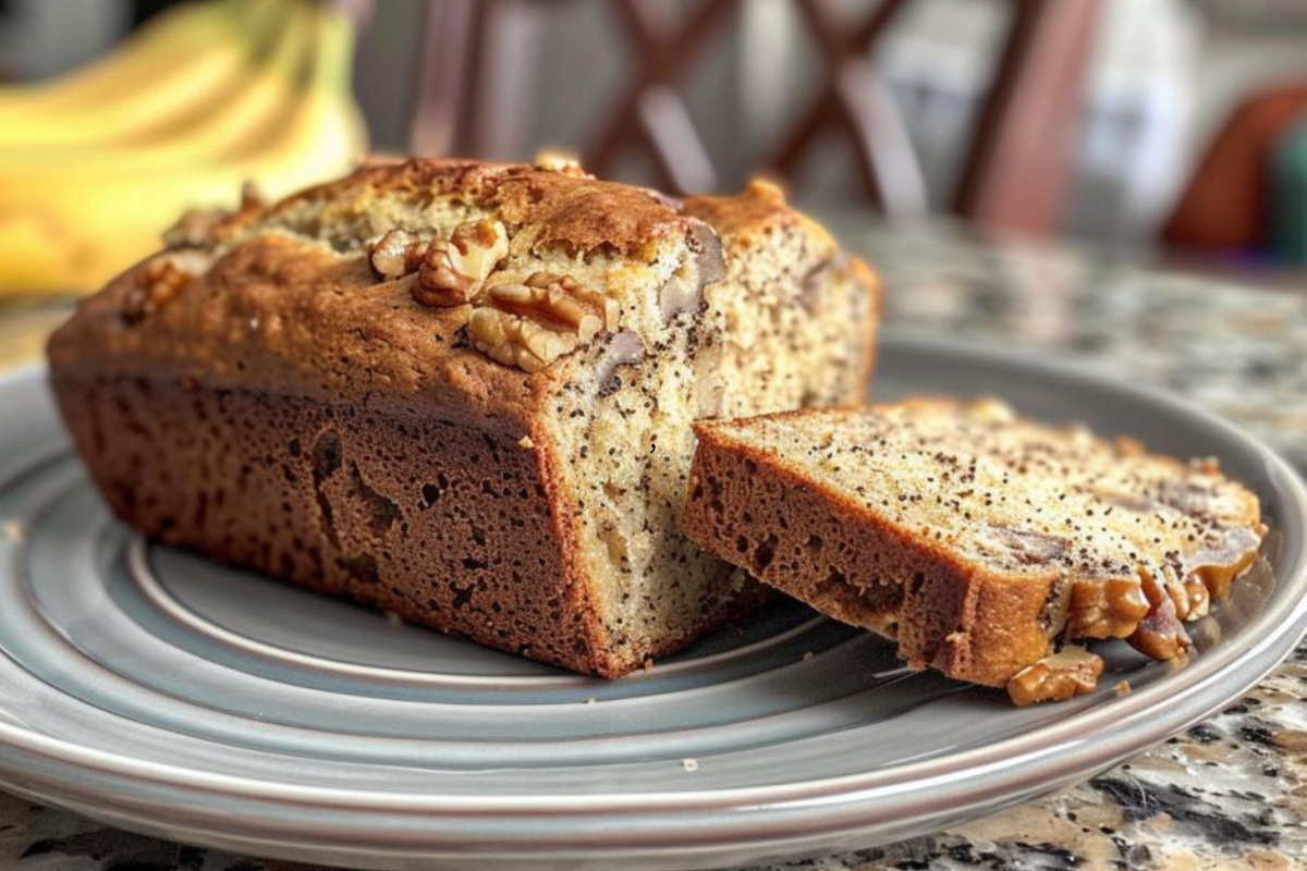 Freshly baked loaf of banana nut bread with walnuts