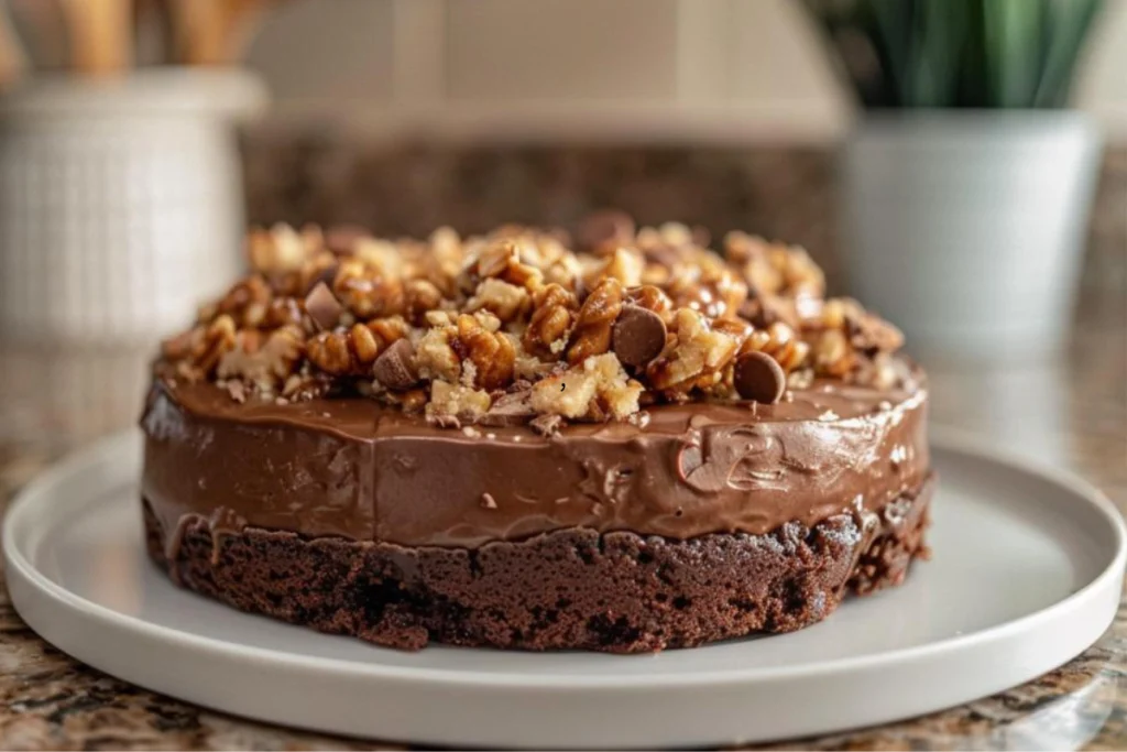 A slice of moist German Chocolate Poke Cake with coconut pecan frosting