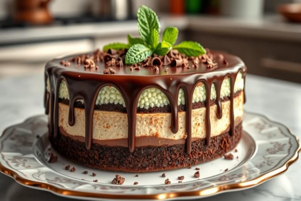 Mint chocolate fudge cheesecake cake with three layers of chocolate, cheesecake, and mint frosting.