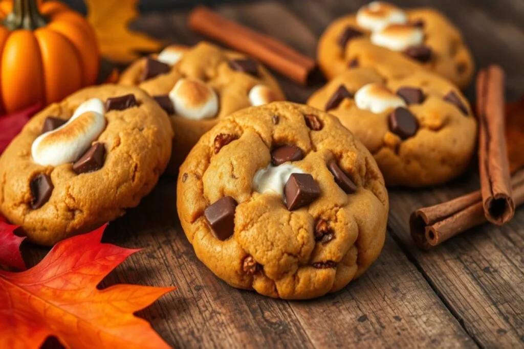 Pumpkin S'mores Cookies with chocolate and marshmallows