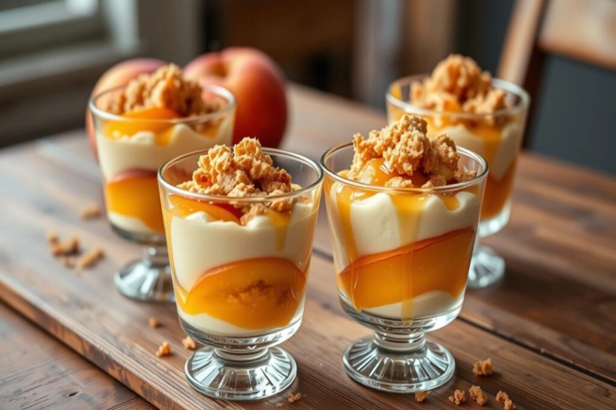 Peach Cobbler Cheesecake Cups with fresh peaches and graham cracker crust