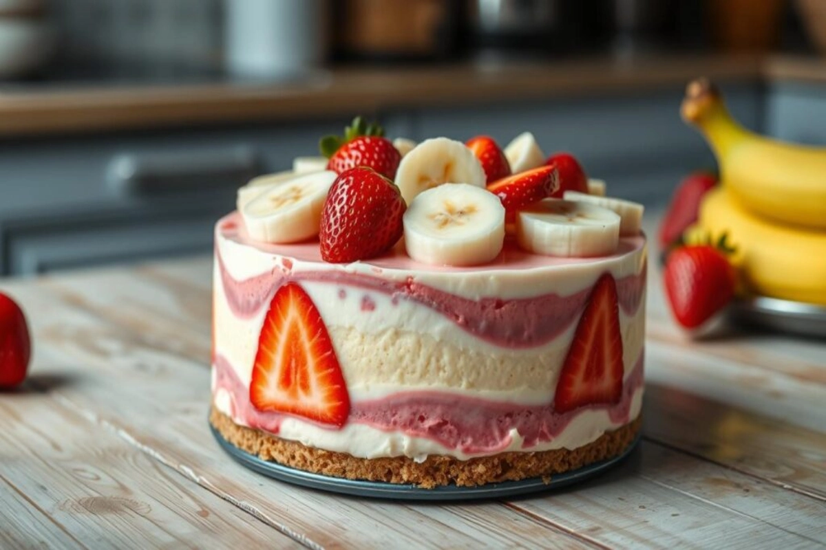 Strawberry Banana Delight Cheesecake with fresh fruit layers