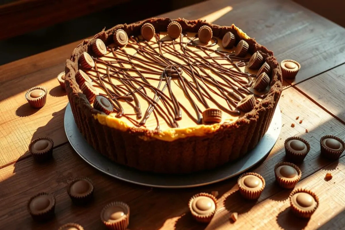 A large slice of Giant Reese's Peanut Butter Cup Pie with a crunchy crust and rich peanut butter filling topped with Reese's candy.