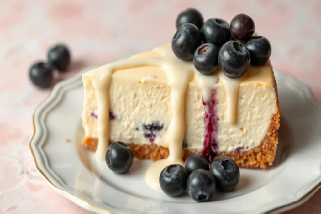 A slice of white chocolate blueberry cheesecake topped with fresh blueberries and sauce.