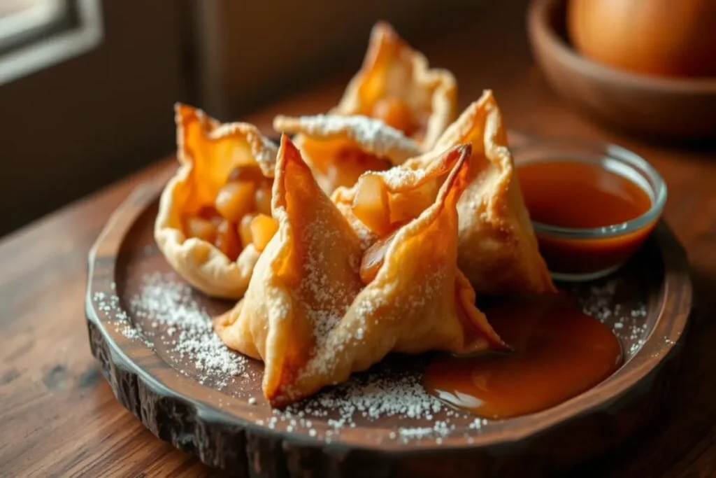 Air Fryer Caramel Apple Wontons served with caramel drizzle.