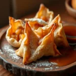 Air Fryer Caramel Apple Wontons served with caramel drizzle.