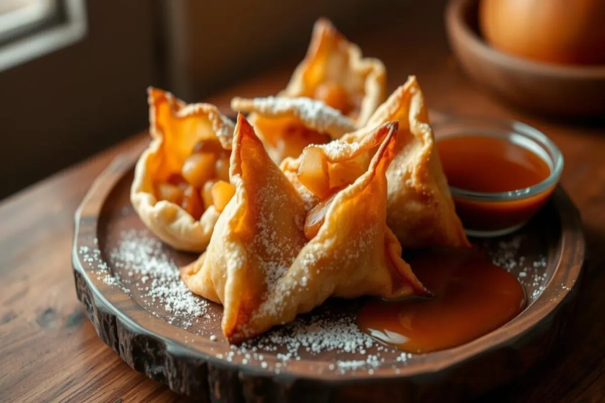 Air Fryer Caramel Apple Wontons served with caramel drizzle.