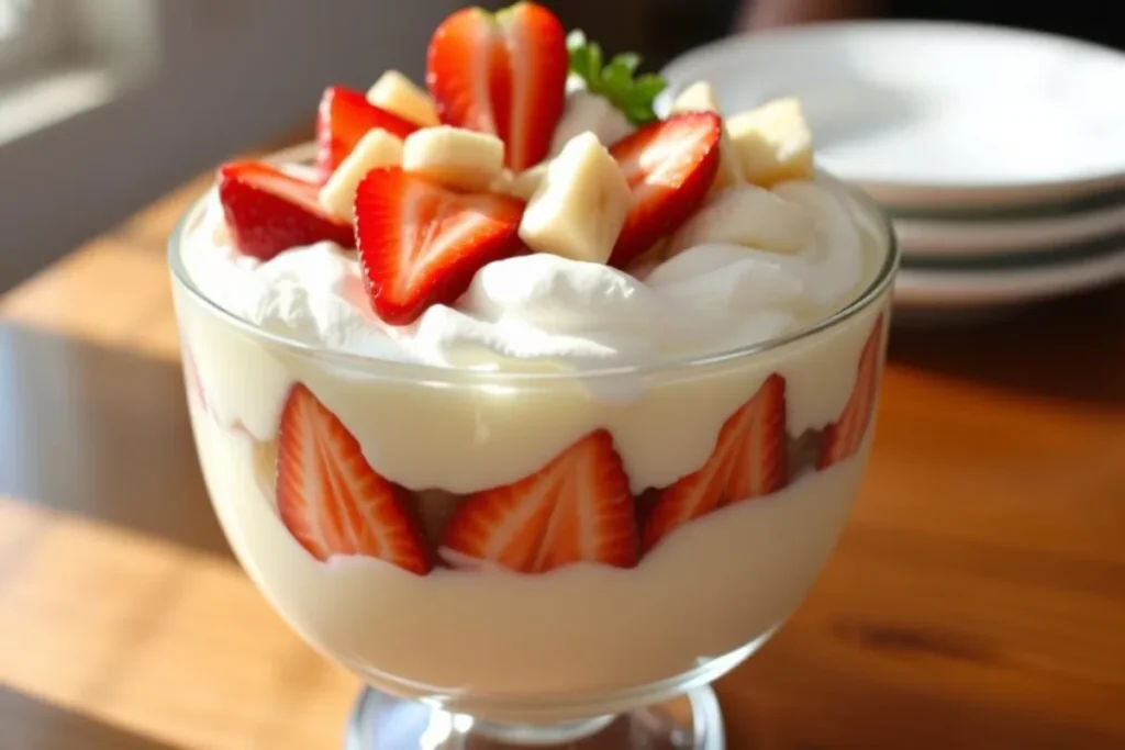 A delicious bowl of strawberry banana pudding layered with fresh fruits and vanilla wafers.