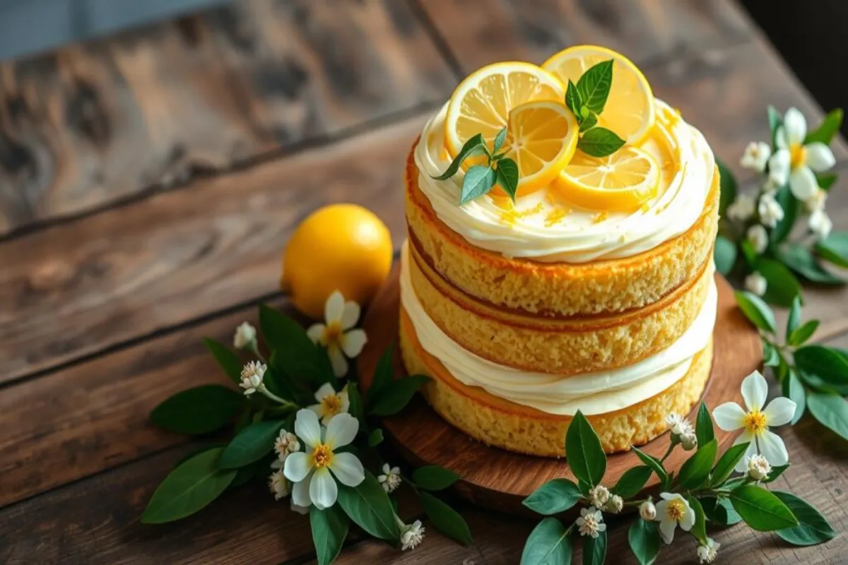 A delicious slice of moist lemon cake with fresh lemon zest and a lemon glaze on top.