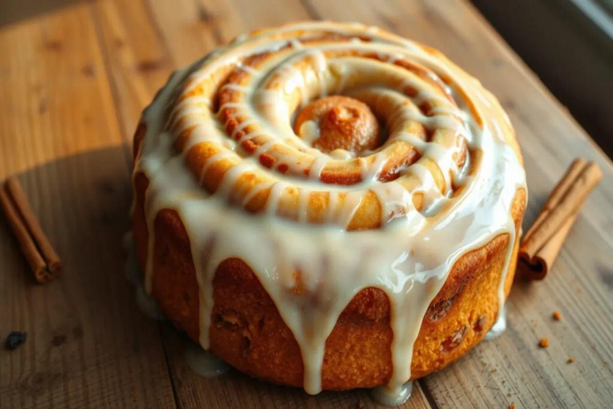 A close-up of a slice of Cinnamon Roll Cake with creamy frosting and cinnamon swirls