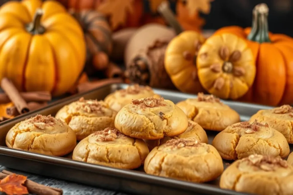 Soft and chewy Jumbo Pumpkin Cinnamon Cookies on a fall-themed platter.