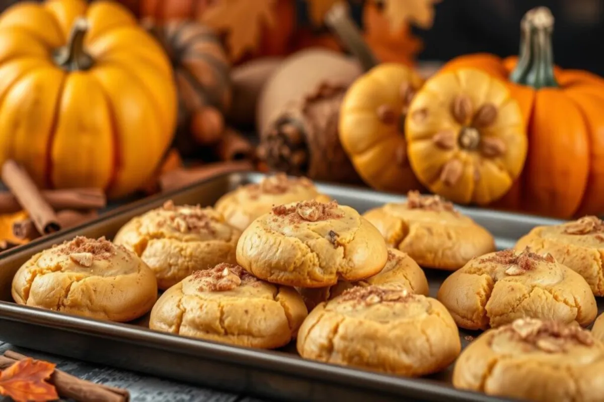 Soft and chewy Jumbo Pumpkin Cinnamon Cookies on a fall-themed platter.