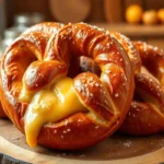 Freshly baked cheese-stuffed pretzels with golden crust and gooey cheese center.