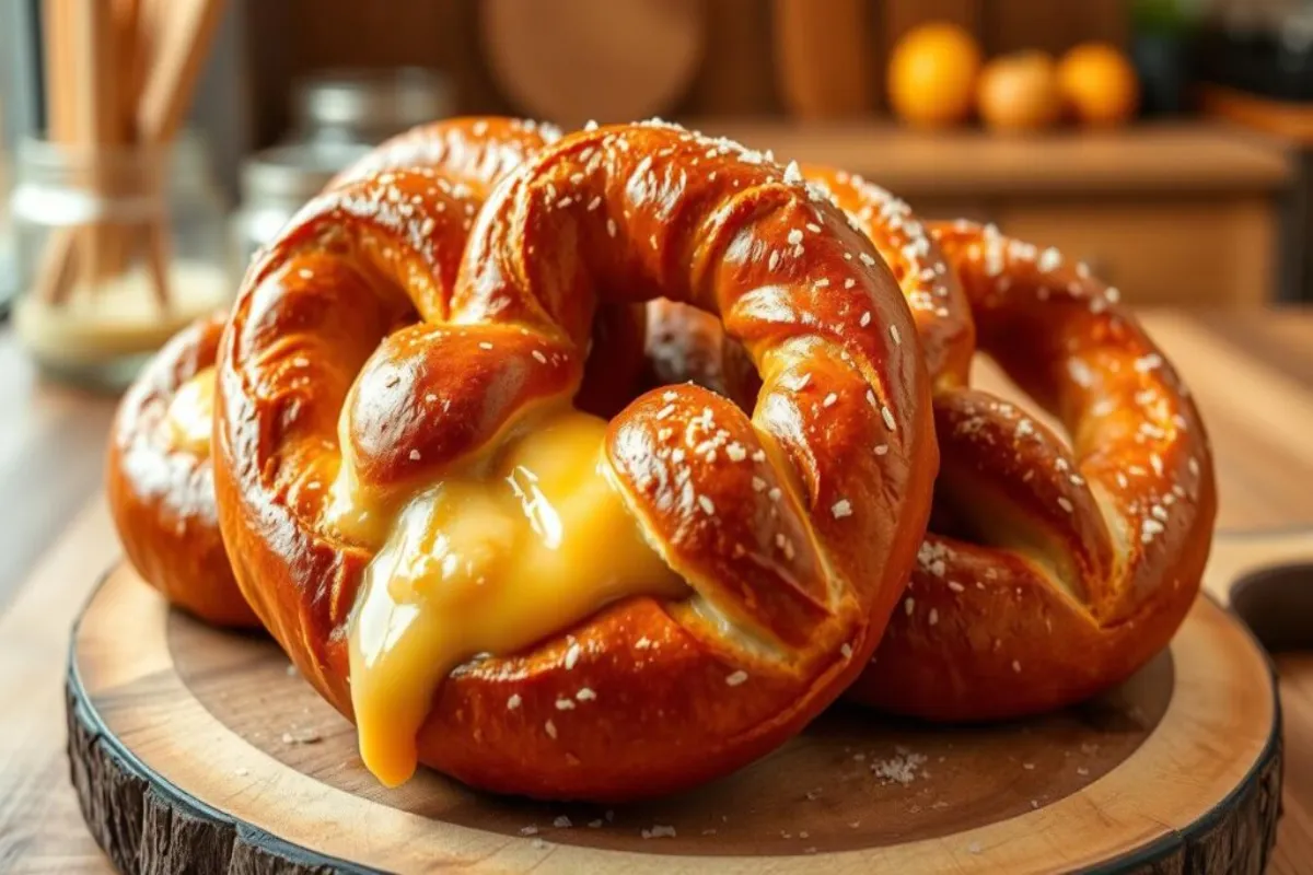 Freshly baked cheese-stuffed pretzels with golden crust and gooey cheese center.